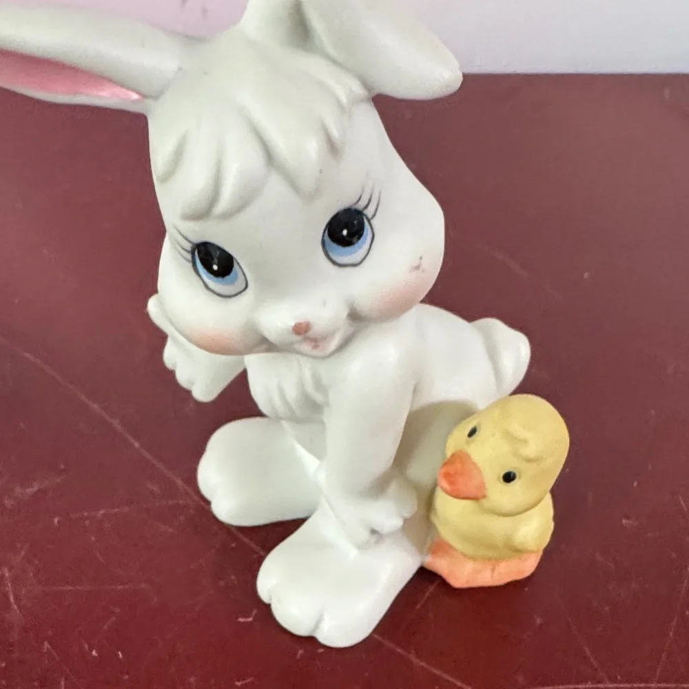 Vintage Homco White and Yellow Ceramic Easter Bunny Figurines 1980’s- 1990’s